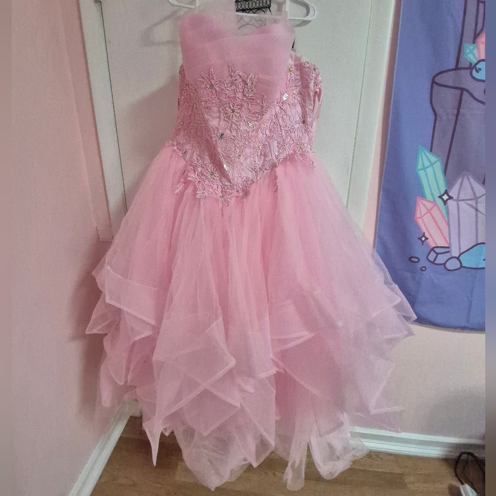 Pink Strapless Tulle Gown with Floral Embroidery Sweet 16 Prom Quinceañera Dress